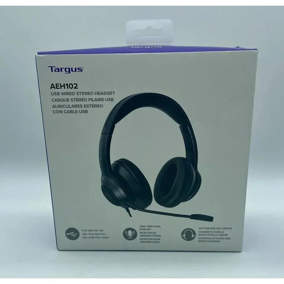 Targus AEH102 USB Wired Stereo‎ Headset Plug & Play Soft Ear Cups Boom Mic NEW - Picture 2 of 12